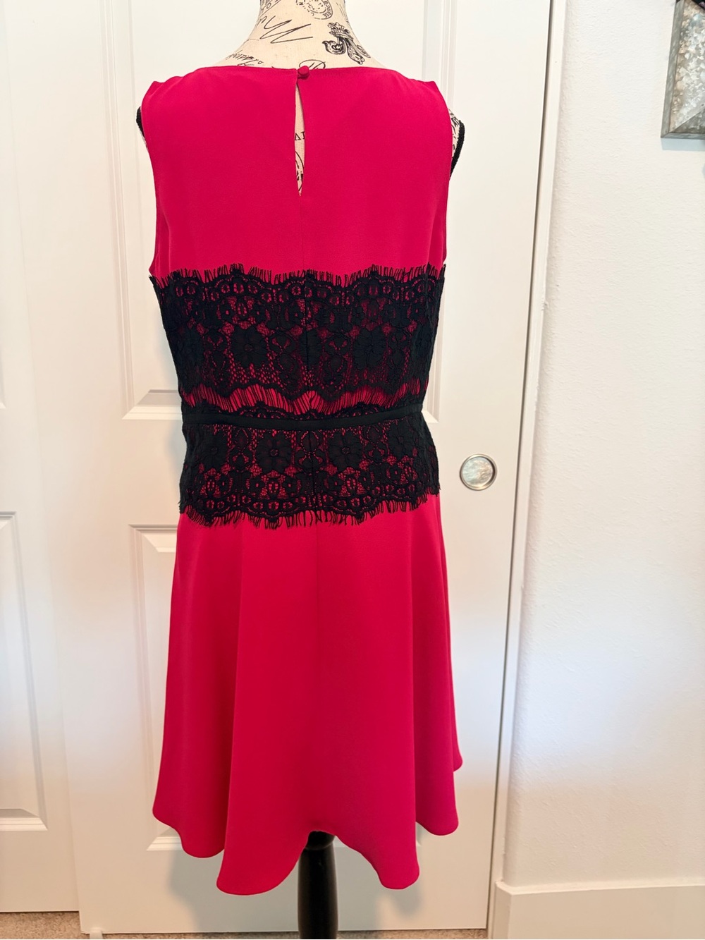 LOFT Fuchsia Sleeveless Dress with Black Lace Waist Detail - Picture 2 of 5